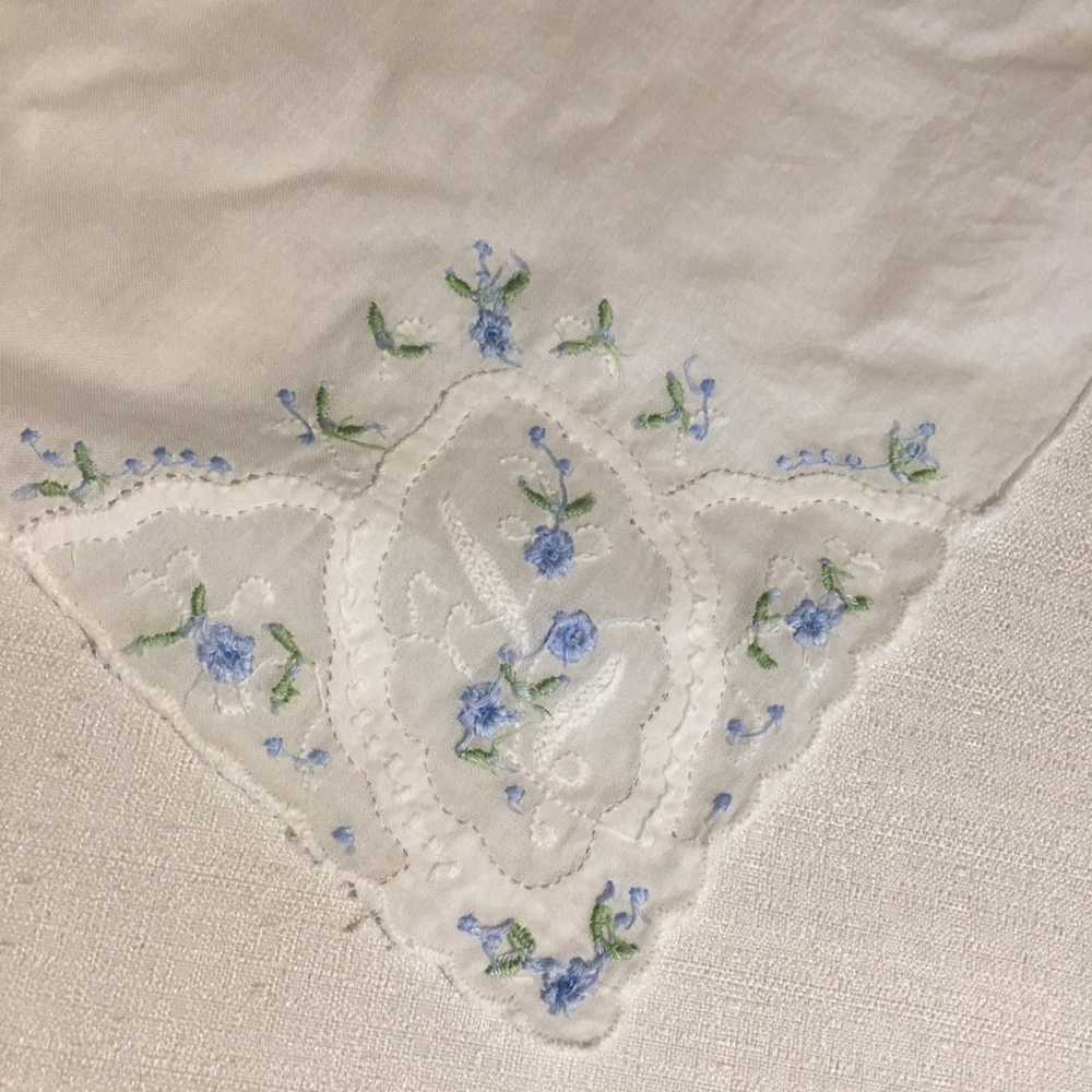Vintage handkerchief white with emb blue flowers - image 1
