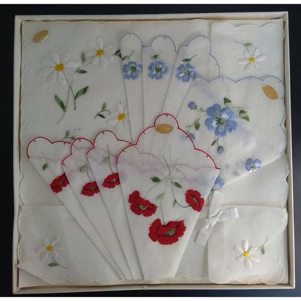 Embroidered Swiss Cotton Hankies Blue Red Flowers… - image 1