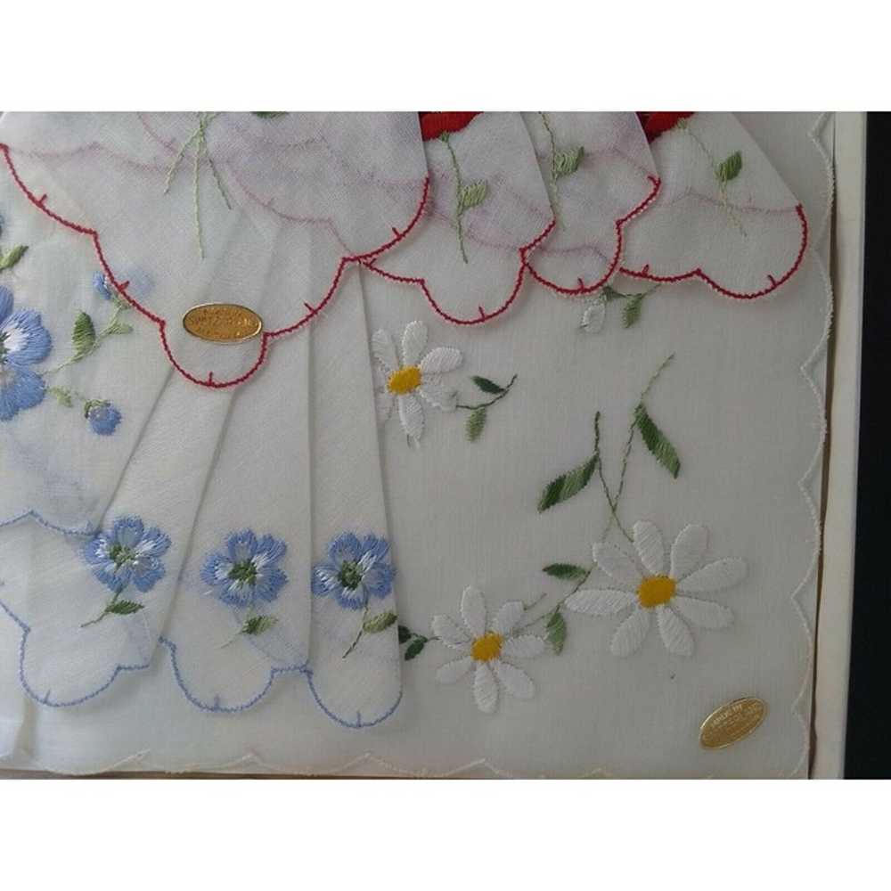 Embroidered Swiss Cotton Hankies Blue Red Flowers… - image 2