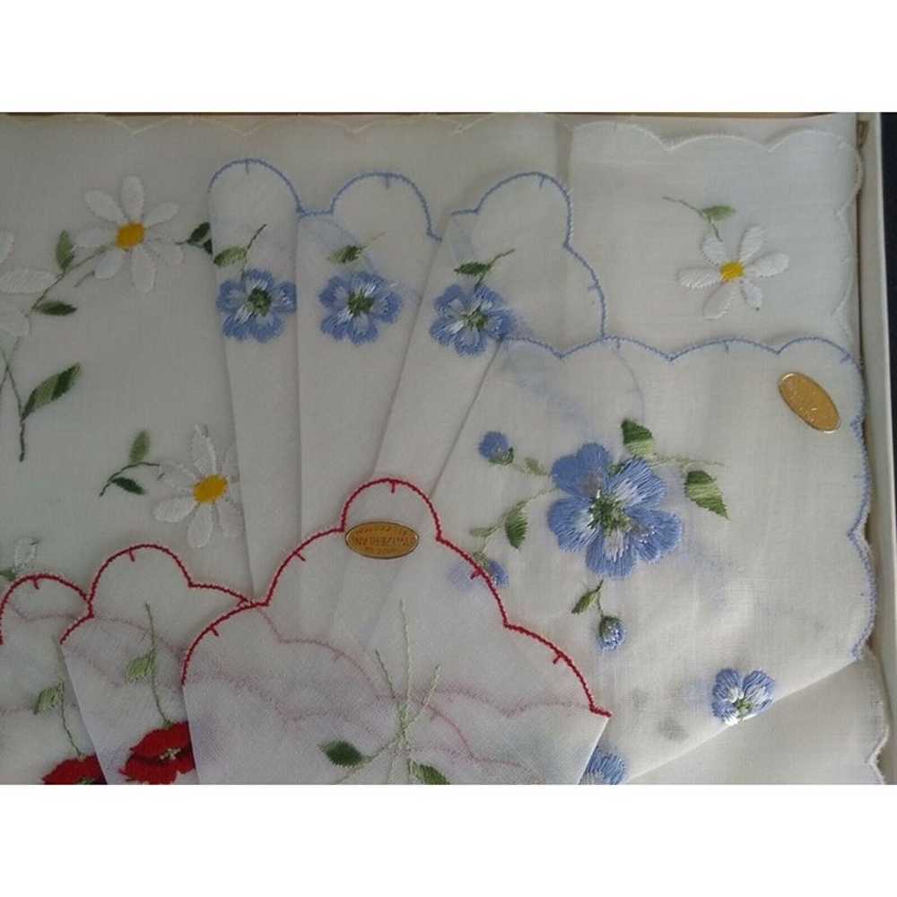 Embroidered Swiss Cotton Hankies Blue Red Flowers… - image 3