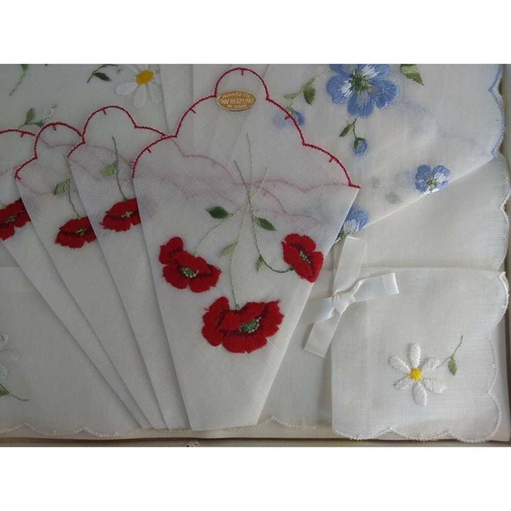 Embroidered Swiss Cotton Hankies Blue Red Flowers… - image 4