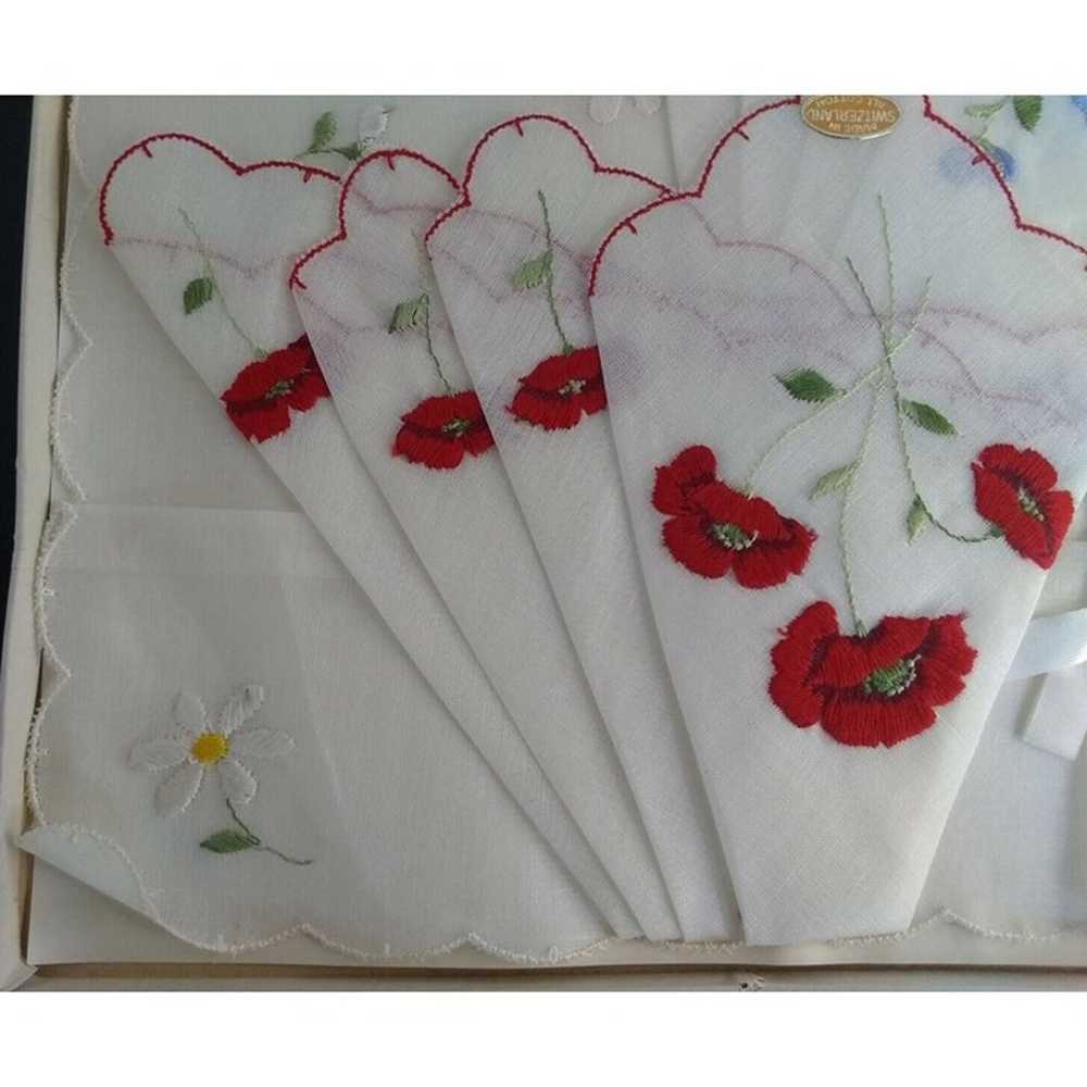Embroidered Swiss Cotton Hankies Blue Red Flowers… - image 5