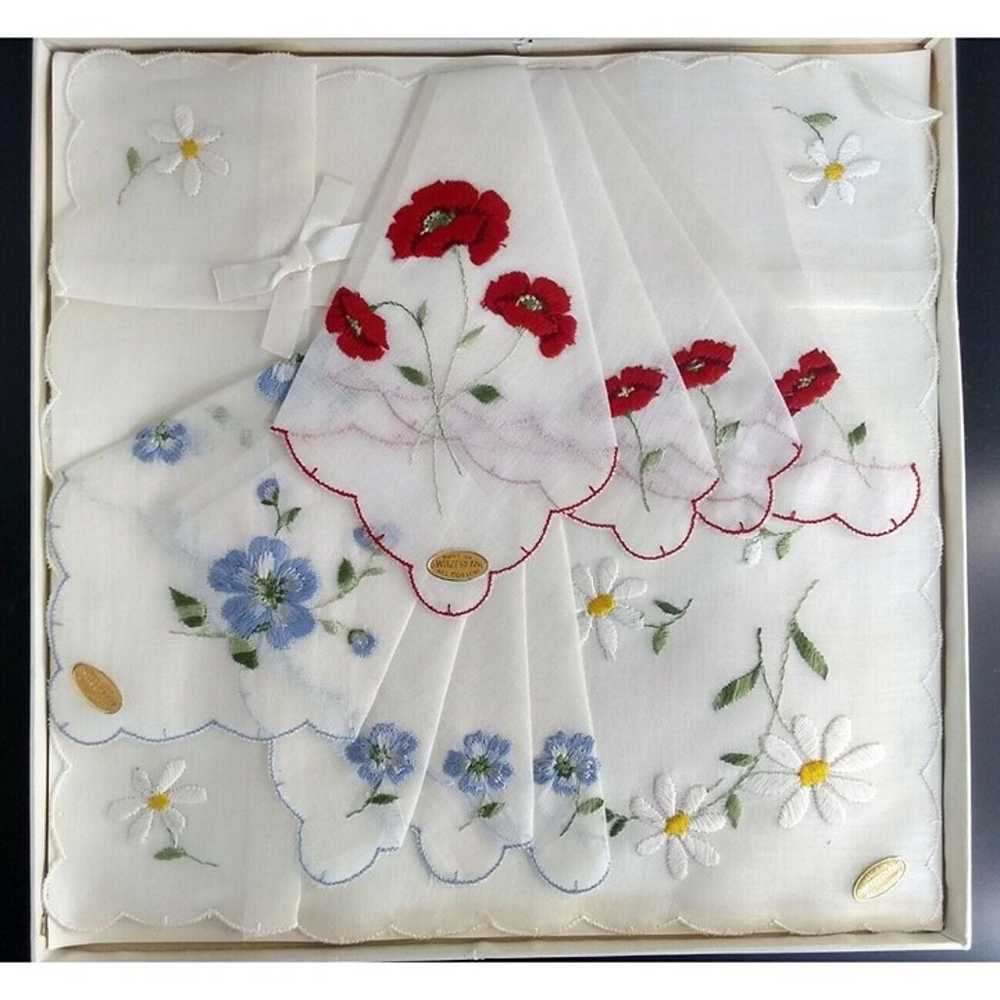 Embroidered Swiss Cotton Hankies Blue Red Flowers… - image 7