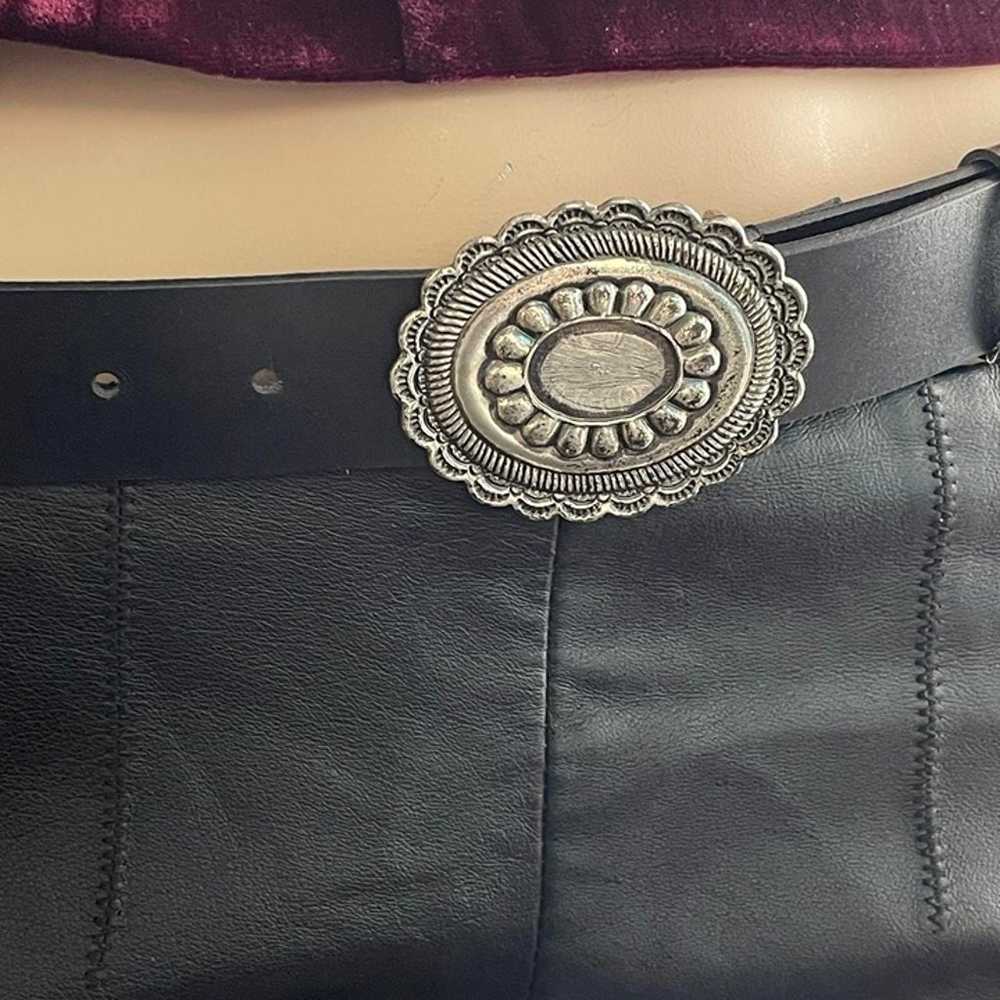 Vintage antique silver color buckle black leather… - image 2
