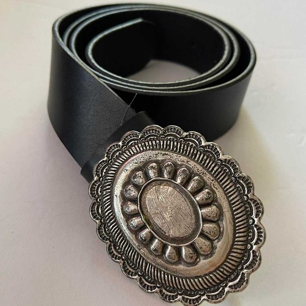 Vintage antique silver color buckle black leather… - image 3