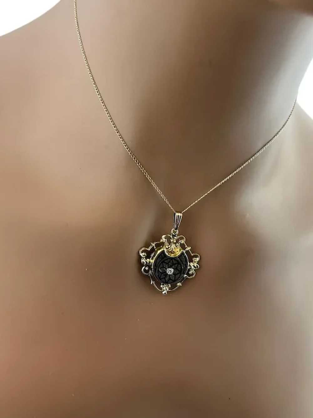 Victorian 14K Yellow Gold Black Enamel Diamond Pe… - image 10