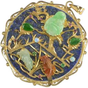 14K Buddhist Lapis Jade Chinese Medallion Pendant… - image 1