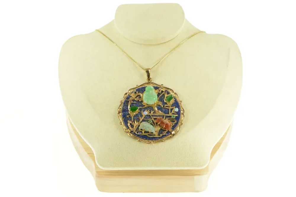 14K Buddhist Lapis Jade Chinese Medallion Pendant… - image 5