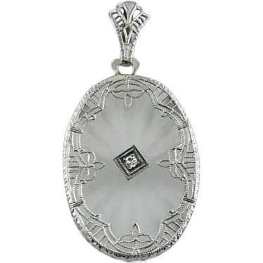 14K White Gold Oval Camphor Glass and Diamond Pend