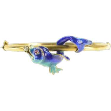 14K 1930's Diamond Blue Enamel Fish Bangle Bracel… - image 1