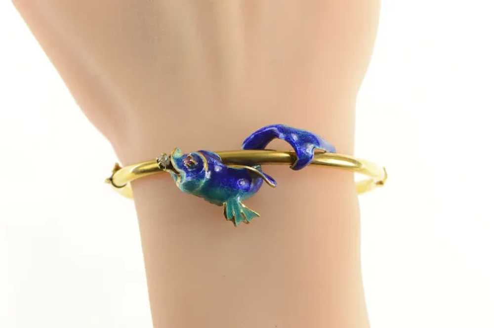 14K 1930's Diamond Blue Enamel Fish Bangle Bracel… - image 5