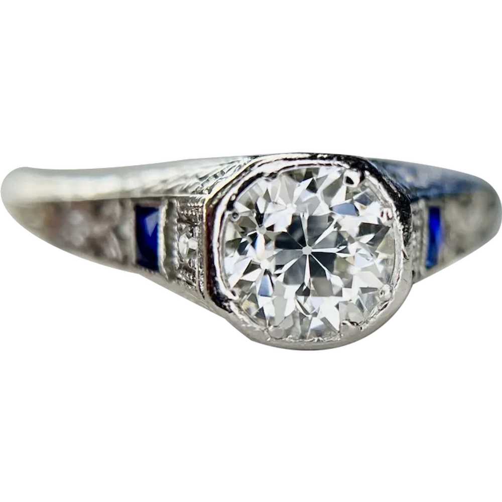 Platinum Art Deco Bezel Set Diamond and Sapphire … - image 1