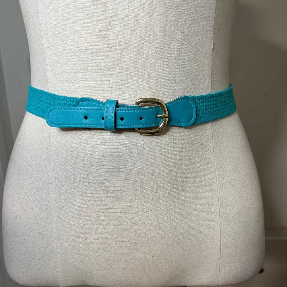 Vintage Teal Woven Fabric Belt with leather and g… - image 1