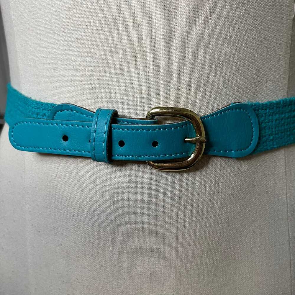 Vintage Teal Woven Fabric Belt with leather and g… - image 2