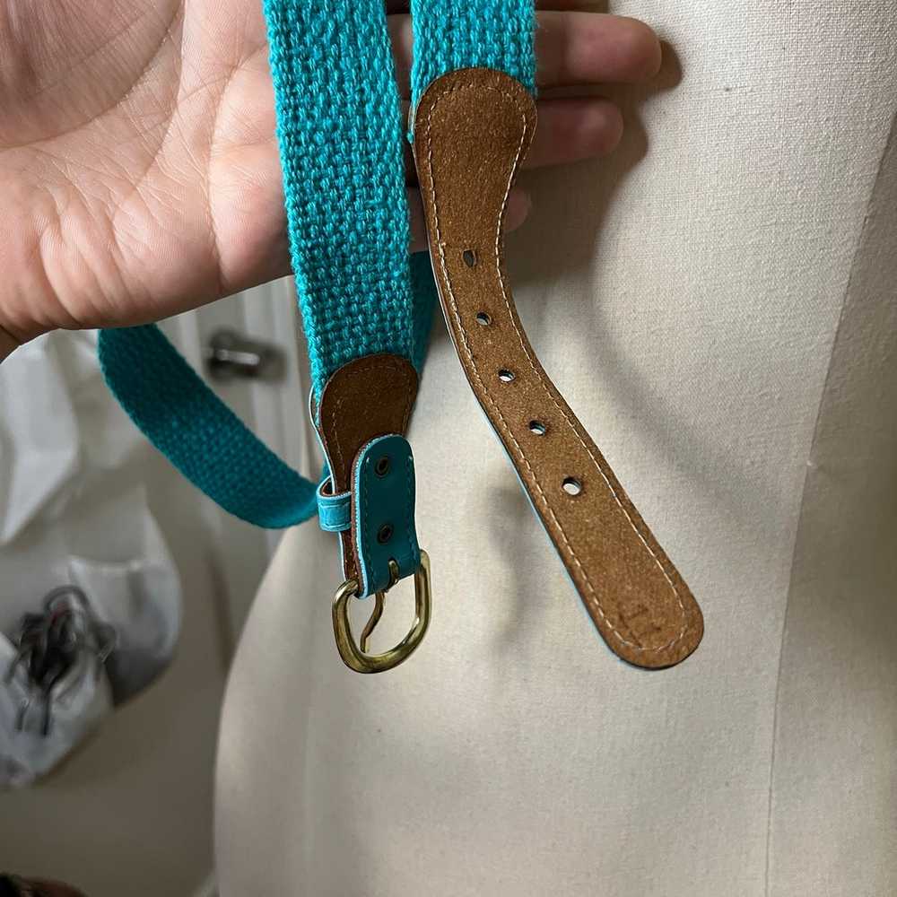 Vintage Teal Woven Fabric Belt with leather and g… - image 4