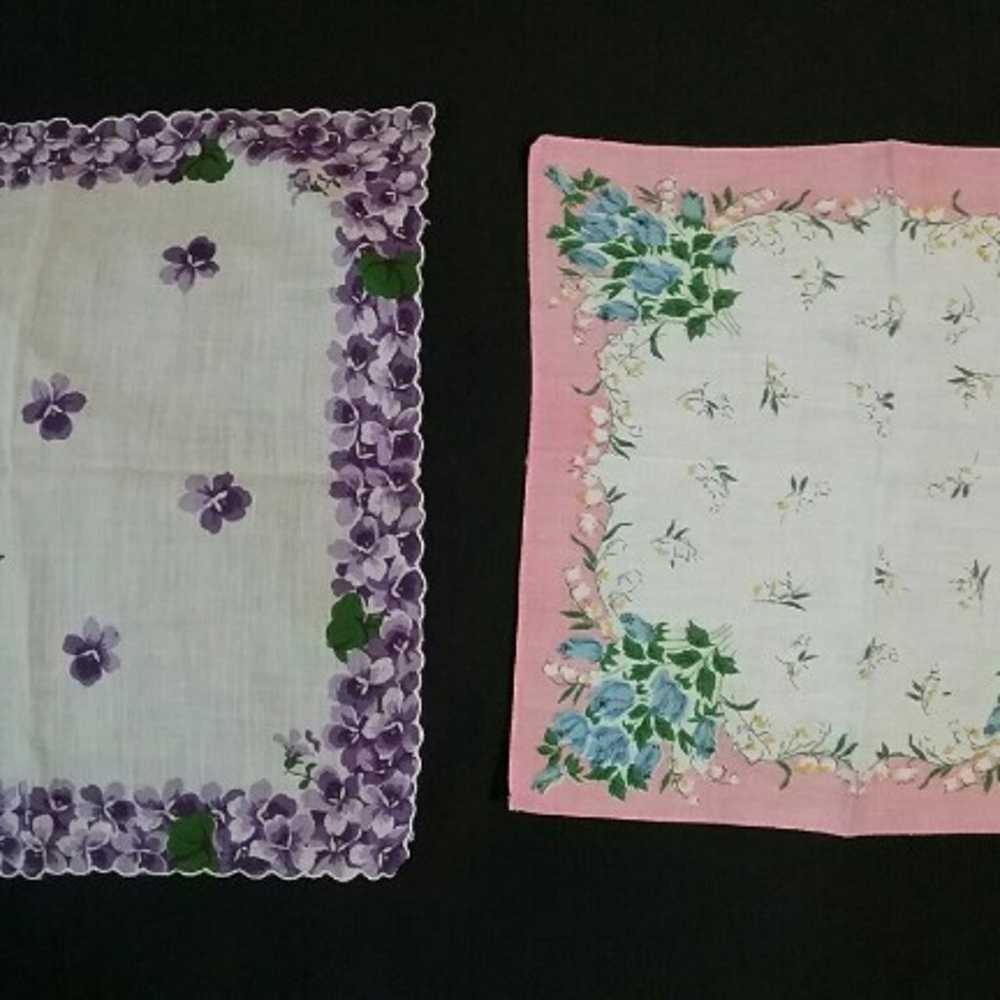 Vtg 2 Handkerchiefs Violets and Roses - image 1