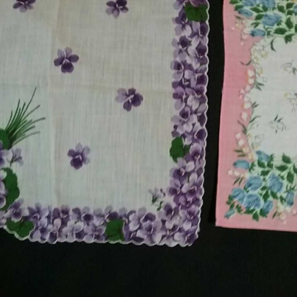 Vtg 2 Handkerchiefs Violets and Roses - image 2