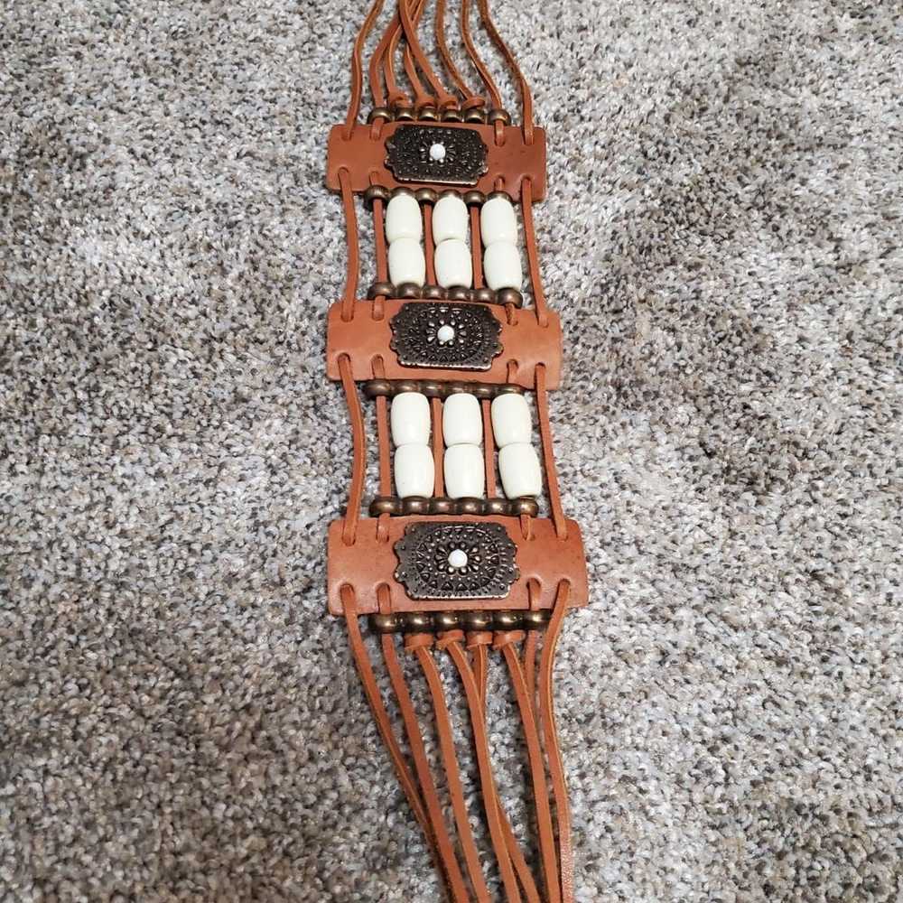 Leather and bead belt made in Turkey. 33" vintage - image 2