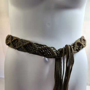Vintage Macrame Tie Belt Boho Crochet Gray Brown … - image 1