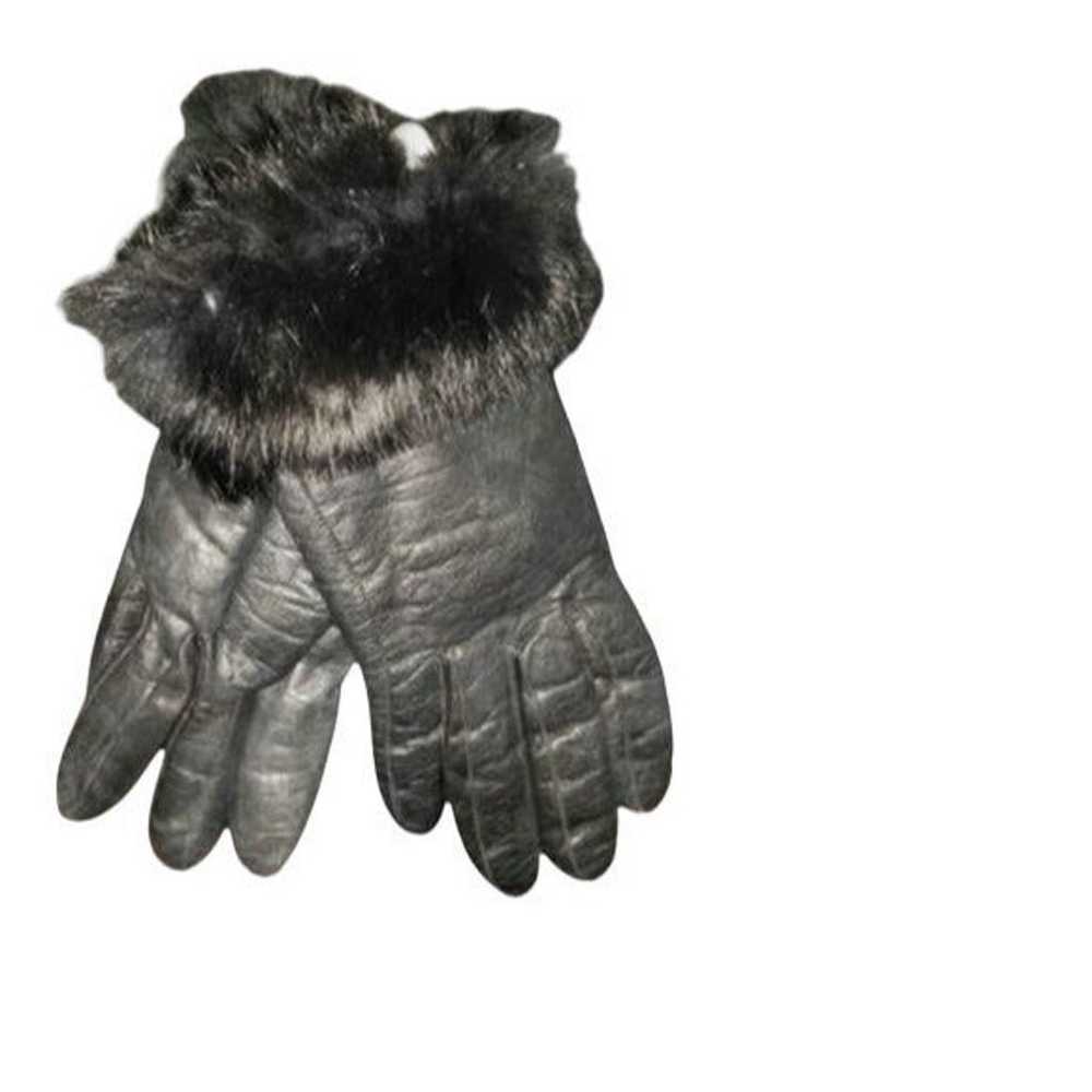 Vintage genuine leather ladies black fur trimmed … - image 1