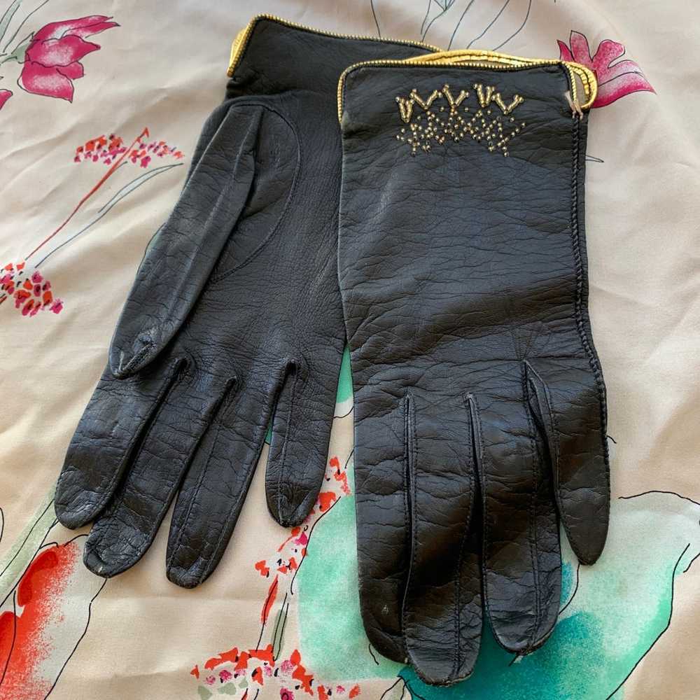 Vintage French Black Gloves Gold Accents - image 10