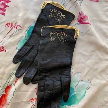 Vintage French Black Gloves Gold Accents - image 1