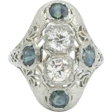 Antique 18K White Gold Sapphire & Diamond Art Dec… - image 1