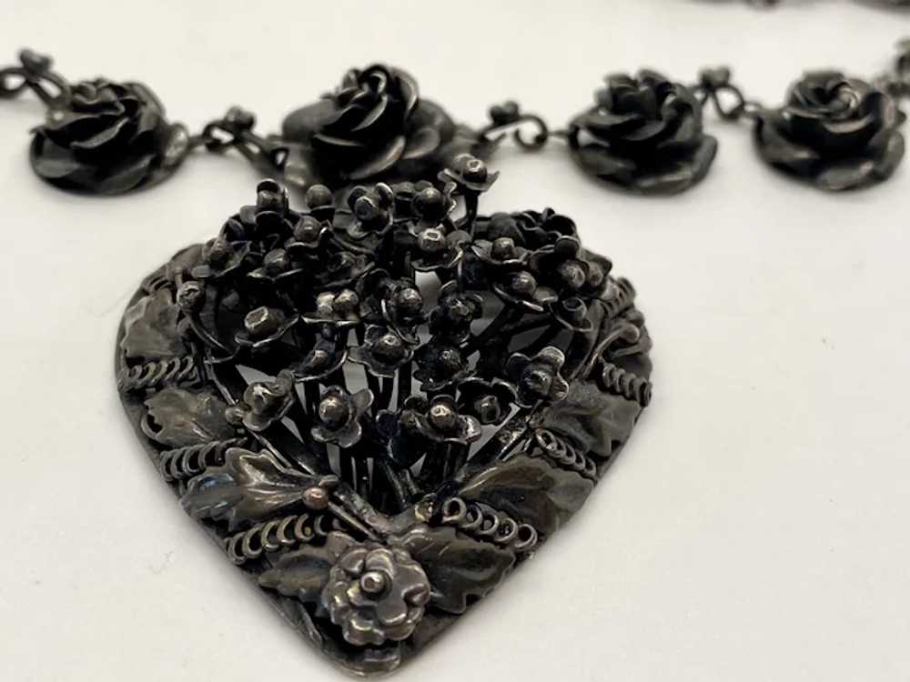 1940s HOBE Sterling Silver Heart and Roses Neckla… - image 2