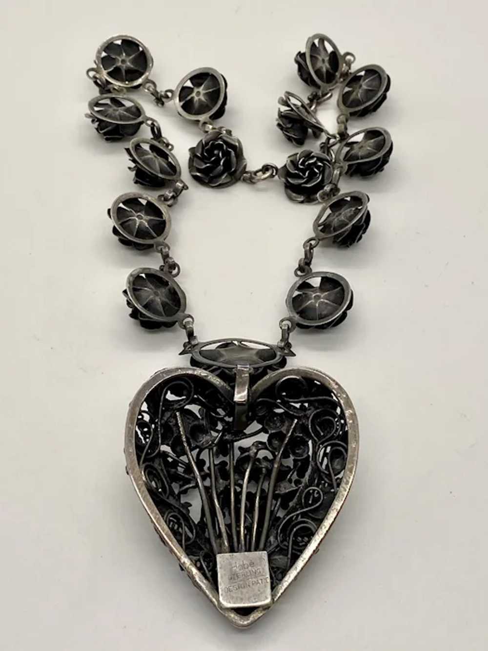 1940s HOBE Sterling Silver Heart and Roses Neckla… - image 3