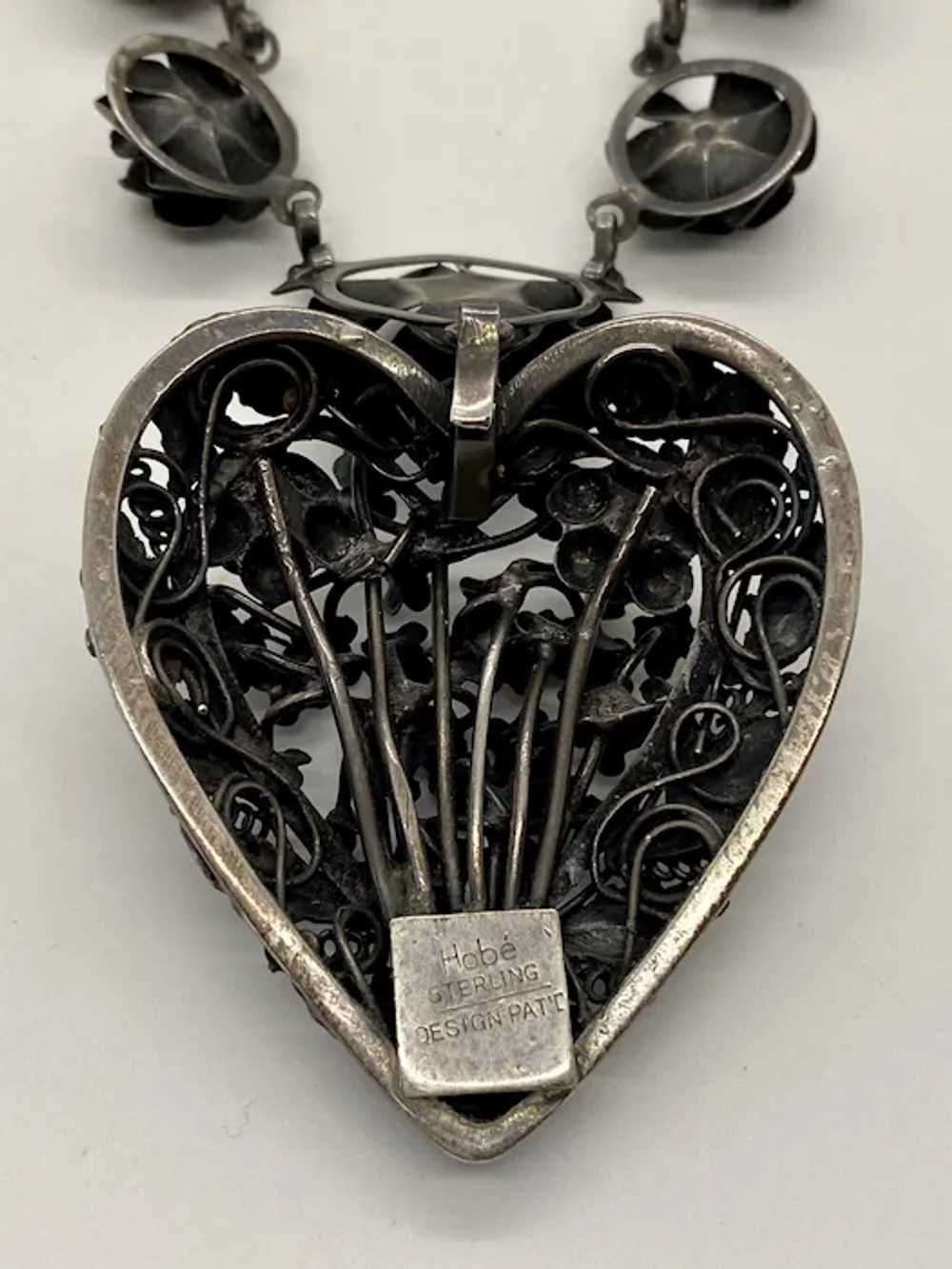 1940s HOBE Sterling Silver Heart and Roses Neckla… - image 4