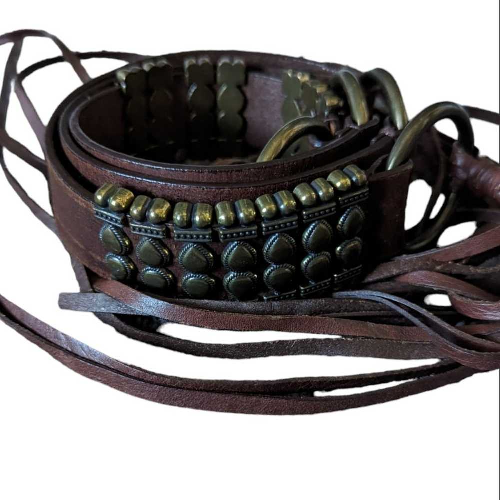 Vintage Brown Leather & Brass Fringe Tie Boho Hip… - image 1