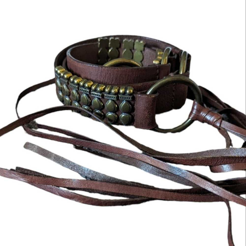 Vintage Brown Leather & Brass Fringe Tie Boho Hip… - image 3