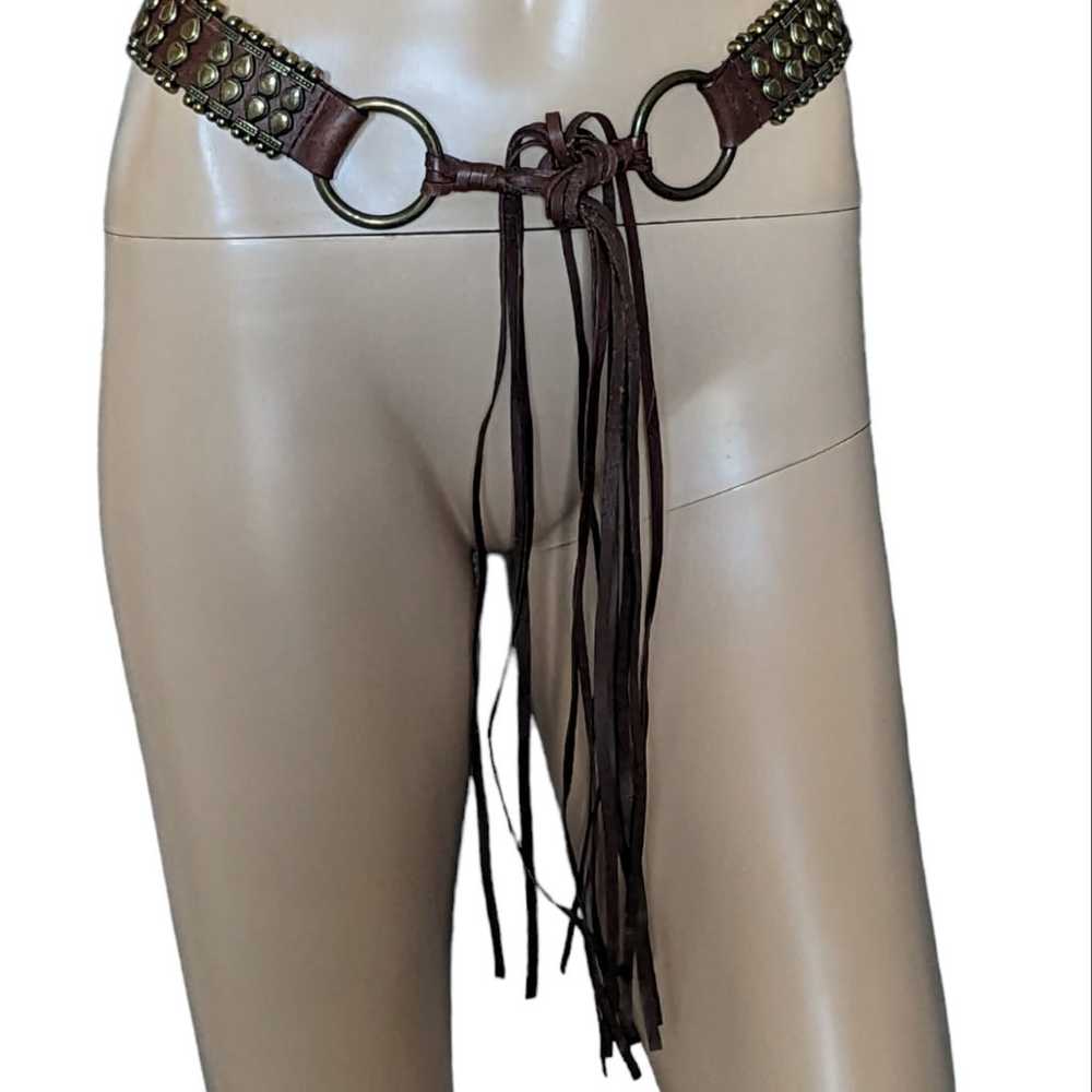 Vintage Brown Leather & Brass Fringe Tie Boho Hip… - image 4