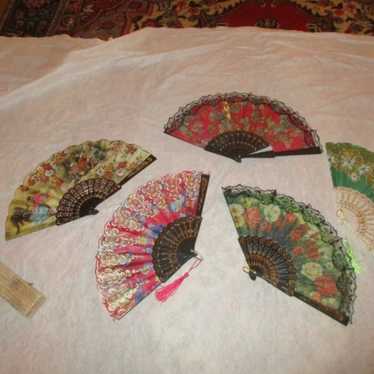 vintage lot of 5 fabric folding fans