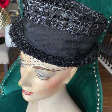 Vintage womens Connie Mae straw black pillbox hat