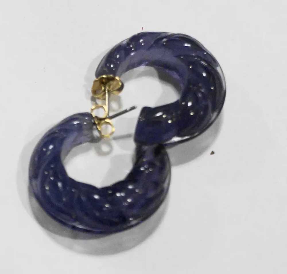Purple Lucite Hoop Earrings Molded Carved - image 2