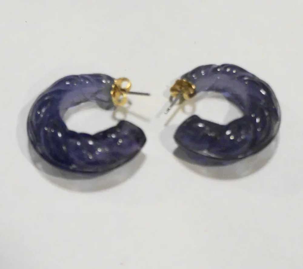 Purple Lucite Hoop Earrings Molded Carved - image 3