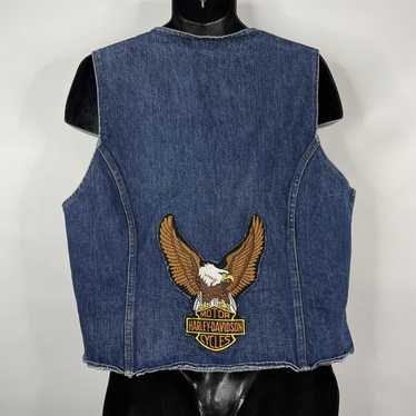 Vintage 80s Blue Denim Vest Harley Davidson Eagle… - image 1