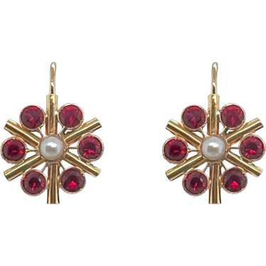 18K & 14K Gold Pearl & Ruby Glass Pierced Earrings