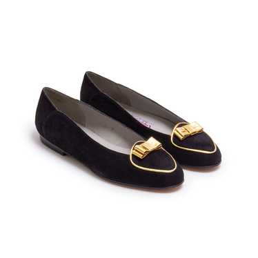 1980s NOS Black Suede and Gold Flats by Pappagallo - image 1