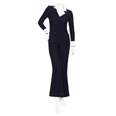 1990s Navy Blue Wool and Satin Collared Jumpsuit - image 1