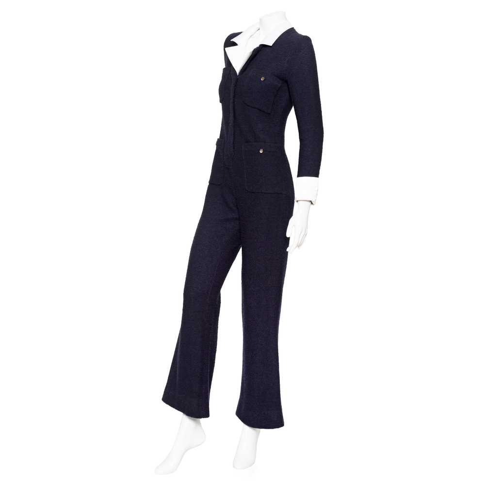 1990s Navy Blue Wool and Satin Collared Jumpsuit - image 3