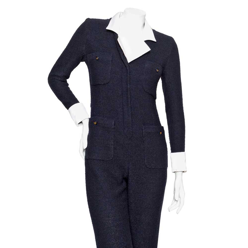 1990s Navy Blue Wool and Satin Collared Jumpsuit - image 6