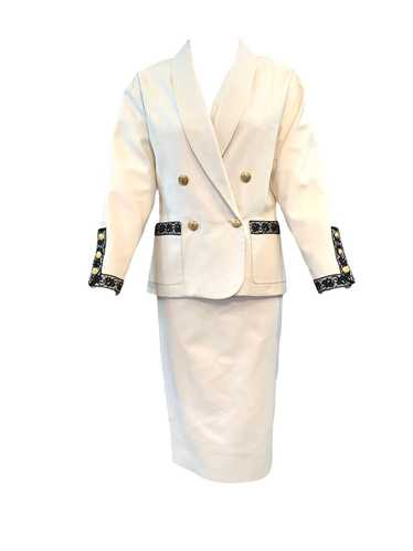 Chanel 90s White Cotton Pique Suit with Black Lace
