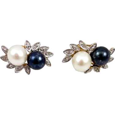 14K Gold Cultured White & Black Pearl Earrings - image 1