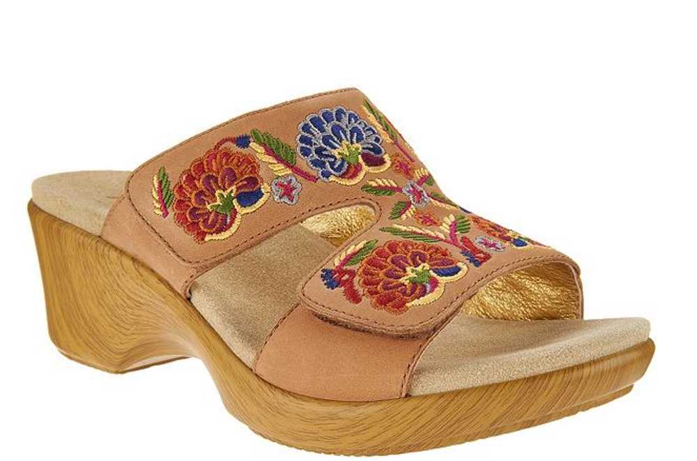 Alegria Embroidered Leather Slip-on Wedge Sandals… - image 1