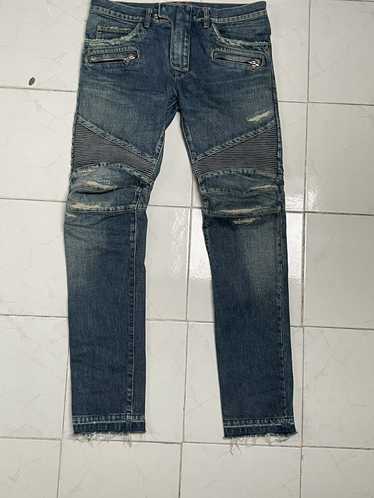Balmain, Gray biker jeans with bleach stains. - Unique Designer Pieces