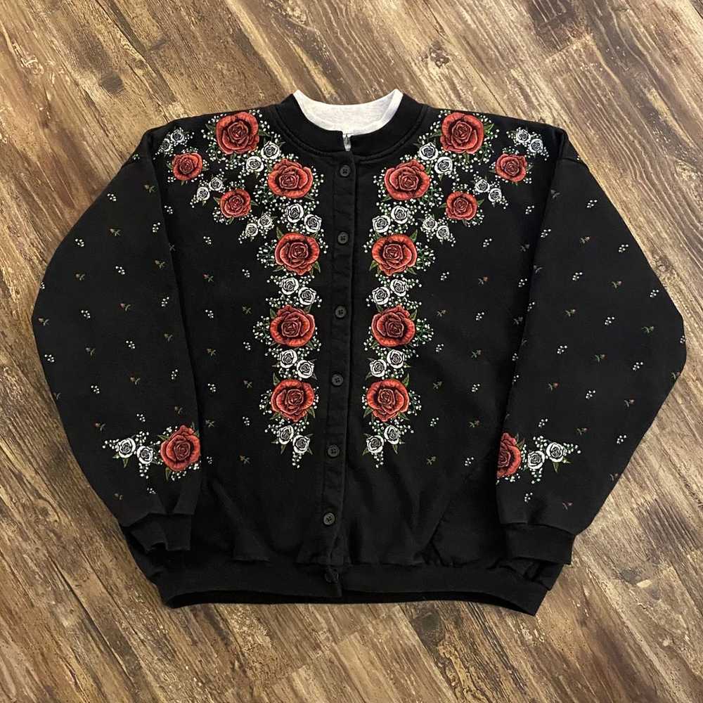 Vintage 1990s All Over Print Rose Button Up Sweat… - image 1
