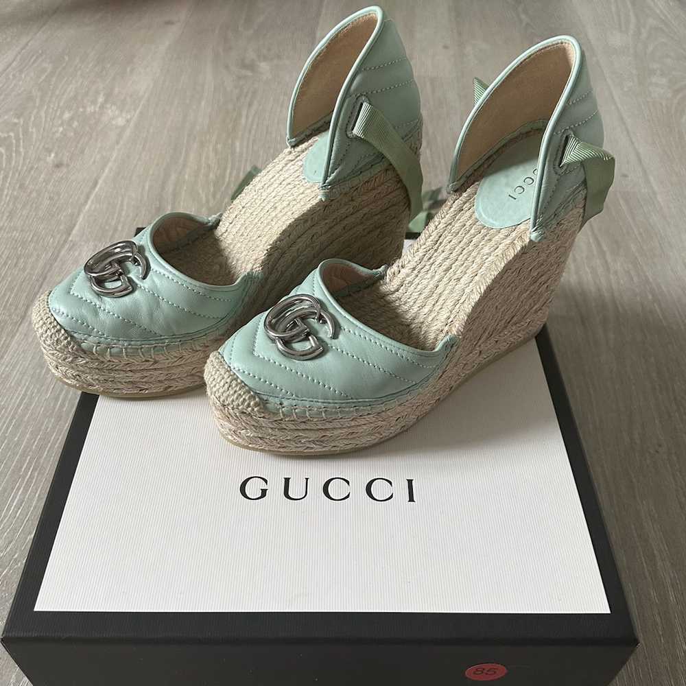 Gucci gucci green leather platform espadrille lac… - image 2