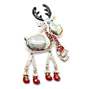Other Movable Reindeer Christmas Brooch Red Auror… - image 1